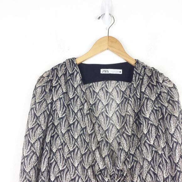 Zara Mini Dress 70s Gray Black Knotted Metallic Thread Draped Large 8677/067 - Picture 4 of 13